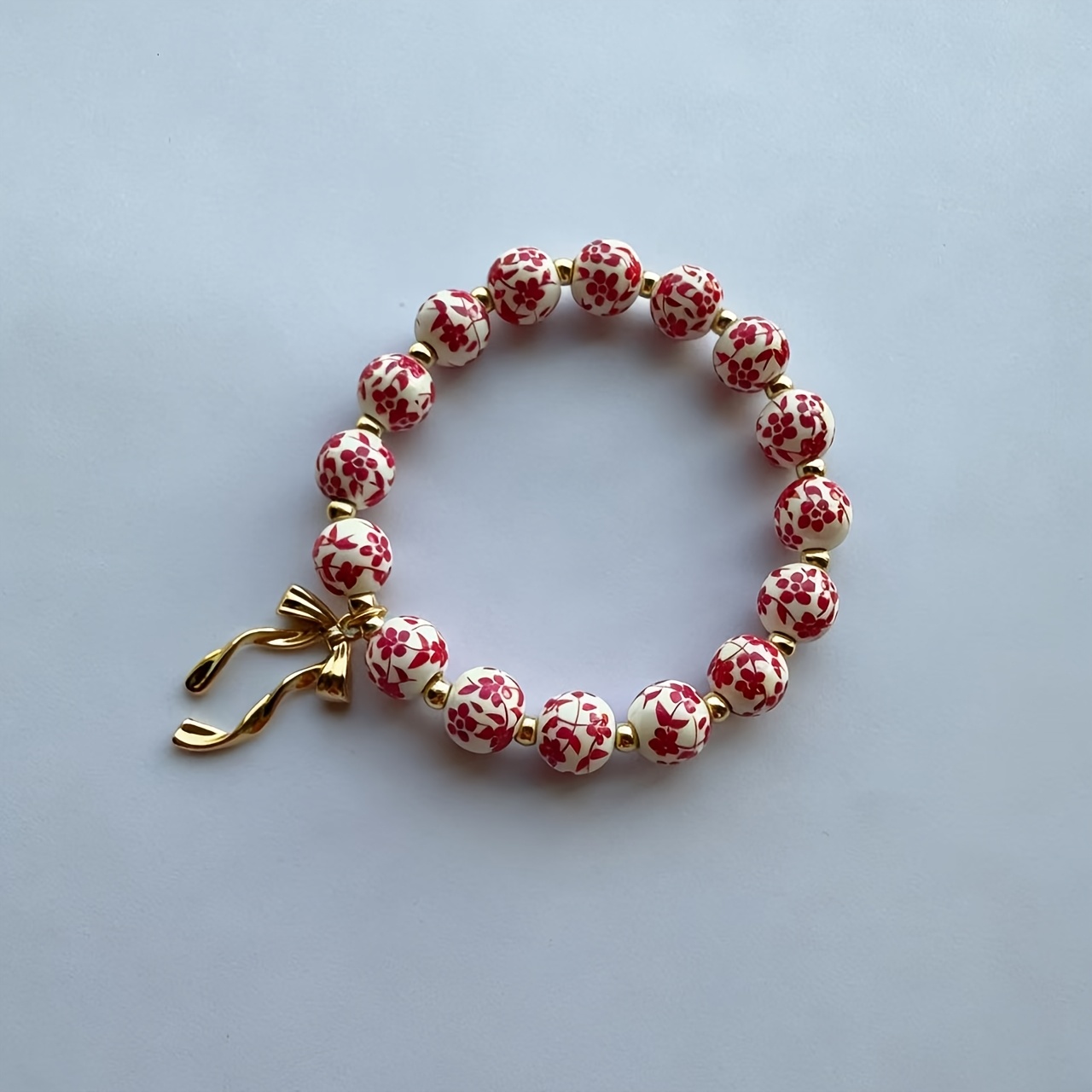 Floral Bead Bracelet with Cross Pendant, Retro Style